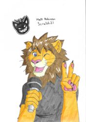  2023 anthro blue_eyes brown_hair brown_mane cheek_tuft claws clothing electronics facial_tuft fangs felid fur gesture golddracat grey_clothing grey_shirt grey_topwear hair hand_gesture happy hi_res inner_ear_fluff lion male mammal mane matt_(scratch21) microphone one_eye_closed pantherine pawpads scratch21 shirt simple_background smile solo teeth text topwear traditional_media_(artwork) tuft v_sign white_background wink yellow_body yellow_fur 