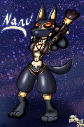  2021 absurd_res ankh anthro anubian big_breasts black_body black_fur black_sclera breasts character_name cleavage clothed clothing egyptian egyptian_clothing female frown fur generation_4_pokemon hi_res kuperseeper lucario nintendo orange_eyes paws pokemon pokemon_(species) pupils purple_background signature simple_background slit_pupils solo stretching_arms 