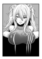  animal_ears border breasts cleavage commentary_request female greyscale hair_between_eyes highres hololive large_breasts lion_ears lion_girl long_hair monochrome nightcoat parted_lips see-through see-through_cleavage shishiro_botan shishiro_botan_(1st_costume) solo two_side_up upper_body virtual_youtuber white_border 