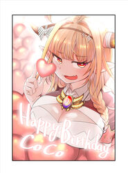  ahoge blonde_hair border braid breast_rest breasts cleavage cleavage_cutout clothing_cutout commentary_request dragon_girl dragon_horns female hairband happy_birthday heart hololive horns kiryu_coco kiryu_coco_(1st_costume) large_breasts light multicolored_hair nightcoat oerba_yun_fang orange_hair pointy_ears red_eyes skin_fang solo streaked_hair two-tone_hair upper_body virtual_youtuber white_border 