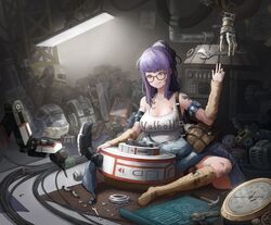  :p absurdres arm_warmers bag breasts cleavage dirty dirty_clothes female full_body glasses grease_(mechanical) green_eyes gremlin_(last_origin) highres kneehighs last_origin long_hair md5_mismatch mechanic medium_breasts ponytail poper_(arin_sel) purple_hair sitting socks solo tank_top tongue tongue_out wrench 