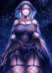  absurdres alice_lendrott black_dress black_headwear black_nails blonde_hair blue_eyes blush breasts clothes_lift cross cross_earrings dress earrings female garter_straps highres jewelry large_breasts lifting_own_clothes looking_at_viewer medium_hair necklace night night_sky outdoors pinkuempire shinigami_bocchan_to_kuro_maid skirt skirt_lift sky smile star_(sky) starry_sky 