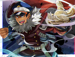  1boy bad_id bad_pixiv_id belt black_hair boku_no_hero_academia buttons cape costume debris double-breasted fighting_stance fog fur_trim gloves hat highres hose jacket male_focus military_hat military_jacket open_mouth outside_border short_hair single_glove solo superhero_costume teeth thigh_strap tonbanlove tube v-shaped_eyebrows yoarashi_inasa 