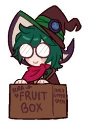  1boy amai_umimaru_(artist) bandana blush_stickers box closed_mouth glasses green_hair hat hat_ornament in_box in_container indie_virtual_youtuber lowres male_focus neckerchief opaque_glasses red_bandana simple_background smile solo transparent_background virtual_youtuber wizard wizard_hat zurafruit 