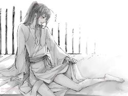  1boy after_sex alternate_hairstyle arm_support bare_legs barefoot bed bed_sheet blush chinese_clothes clothes_lift greyscale half_updo hanfu hickey high_ponytail implied_yaoi indoors lifting_own_clothes long_hair long_sleeves looking_down male_focus modao_zushi monochrome on_bed open_mouth ponytail robe sitting smile solo spot_color sweatdrop twitter_username w2biiro watermark wei_wuxian 