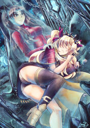  2girls artist_name black_hair blonde_hair blue_eyes blush breasts closed_eyes closed_mouth commentary english_commentary ereshkigal_(fate) fate/grand_order fate_(series) gensox hand_on_another&#039;s_shoulder long_hair looking_at_another medium_breasts multiple_girls red_sweater sleeping sweater tiara tohsaka_rin turtleneck turtleneck_sweater twintails 