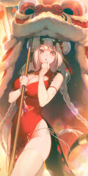  :o absurdres alternate_costume arm_strap bare_shoulders black_horns braid breasts bright_pupils china_dress chinese_clothes cleavage cleavage_cutout clothing_cutout collar collared_dress cowboy_shot double_bun dragon dress eastern_dragon epic_seven female floral_print frilled_dress frills gootai hair_bun hair_ornament highres holding horns large_breasts long_hair looking_at_viewer navel_cutout open_mouth pelvic_curtain print_dress red_collar red_dress red_eyes side-tie_peek sleeveless sleeveless_dress solo tail thighhighs thighs twin_braids white_background white_hair white_pupils white_thighhighs yufine_(epic_seven) 