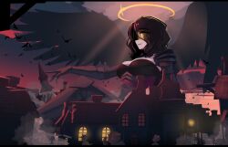  6+others angel_wings armor bird black_dress black_hair black_wings breasts building cleavage cloud cloudy_sky commentary destruction dress english_commentary fallen_angel feathered_wings female gauntlets giant giantess glowing glowing_eyes halo highres iwillsunder large_breasts light_smile medium_hair mini_person multiple_others original outdoors outstretched_arms parted_lips pauldrons red_sky shoulder_armor sky solo_focus village wings yellow_eyes yellow_halo 