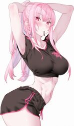  absurdres alternate_costume black_shirt black_shorts breasts female high_ponytail highres holding hololive hololive_english kamiya_maneki large_breasts long_hair looking_at_viewer mori_calliope pink_eyes pink_hair ponytail ponytail_holder red_eyes shirt shorts sidelocks smile solo track_suit virtual_youtuber white_background 