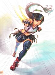  acecore2k black_gloves black_hair black_skirt black_thighhighs breasts clenched_hands crop_top dust_cloud emphasis_lines english_commentary female fighting_stance final_fantasy final_fantasy_vii final_fantasy_vii_rebirth final_fantasy_vii_remake fingerless_gloves floating_hair full_body gloves highres incoming_attack incoming_punch long_hair low-tied_long_hair medium_breasts midriff miniskirt navel open_mouth punching red_eyes serious signature skirt solo standing suspender_skirt suspenders swept_bangs tank_top thighhighs tifa_lockhart toned toned_female white_tank_top zettai_ryouiki 