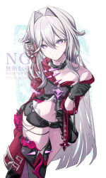  black_bow black_bowtie black_gloves black_shorts black_thighhighs bow bowtie cape commentary_request female gloves hair_intakes highres honkai_(series) honkai_impact_3rd long_hair looking_at_viewer micro_shorts navel purple_eyes qf_ivi shorts simple_background single_thighhigh smile solo stomach thelema_nutriscu thelema_nutriscu_(mad_pleasure:_shadowbringer) thighhighs very_long_hair white_background white_hair 