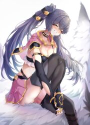  absurdres arm_strap armor black_choker black_gloves black_shirt black_thighhighs breasts capelet choker cleavage crop_top dress epic_seven female fingerless_gloves frilled_shirt frills gloves gold_trim grey_hair grin hair_ornament highleg highres leg_up long_hair looking_at_viewer medium_breasts midriff miniskirt no_shoes own_hands_together panty_straps pauldrons pink_capelet pink_skirt pleated_dress punimon_(user_ymmd3824) rinak_(epic_seven) shirt shoulder_armor simple_background single_pauldron sitting skindentation skirt sleeveless sleeveless_shirt smile solo spaghetti_strap thighhighs thighs twintails very_long_hair white_background yellow_eyes 