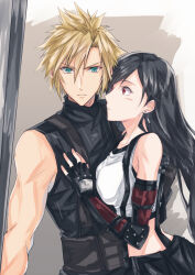  1boy absurdres bare_shoulders black_gloves black_hair black_skirt blonde_hair blue_eyes breasts closed_mouth cloud_strife commentary_request crop_top earrings elbow_gloves female final_fantasy final_fantasy_vii final_fantasy_vii_remake fingerless_gloves gloves hair_between_eyes hand_on_another&#039;s_back hand_on_another&#039;s_chest highres holding holding_sword holding_weapon jewelry light_blush long_hair looking_at_another looking_at_viewer medium_breasts midriff mizuamememe protecting red_eyes single_arm_guard single_bare_shoulder single_earring skirt sleeveless sleeveless_turtleneck spiked_hair suspender_skirt suspenders sweater sword tank_top tifa_lockhart turtleneck turtleneck_sweater upper_body weapon white_tank_top 