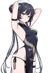  absurdres armpits arms_up black_dress black_hair black_panties blue_archive butterfly_hair_ornament china closed_mouth commentary dragon_print dress female grey_eyes grey_halo hair_bun hair_ornament halo highres kisaki_(blue_archive) long_hair panties presenting_armpit side-tie_panties simple_background solo suoniko thigh_strap underwear very_long_hair white_background 
