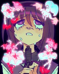  @_@ absurdres akemi_homura crying crying_with_eyes_open gun highres holding holding_gun holding_weapon imminent_suicide kaname_madoka kyuubee magical_girl mahou_shoujo_madoka_magica rainyy simple_background tears weapon 