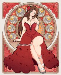  aerith_gainsborough art_nouveau bare_shoulders breasts brown_hair celebelian cleavage dress female final_fantasy final_fantasy_vii full_body green_eyes highres large_breasts long_hair red_background sitting solo strapless strapless_dress twitter_username 
