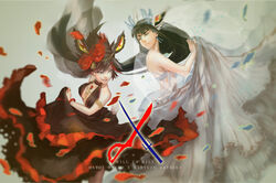  2girls absurdres adapted_costume alternate_costume bad_id bad_pixiv_id bakuzan black_dress black_hair bracelet character_name copyright_name dress english_text faux_traditional_media flower hair_flower hair_ornament headband highres jewelry junketsu kill_la_kill kiryuuin_satsuki long_hair matoi_ryuuko multicolored_hair multiple_girls necklace petals photoshop_(medium) romaji_text rose scissor_blade_(kill_la_kill) senketsu serious short_hair siblings sisters smile streaked_hair veil wedding_dress white_dress xiao_(creation0528) 