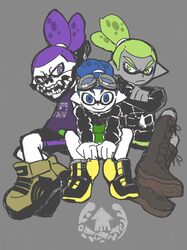  3boys ashibeni_iguchi bandana bandana_over_mouth blue_hair commentary_request covered_mouth dark-skinned_male dark_skin goggle-kun_(splatoon) goggles green_hair grey_background inkling inkling_boy inkling_player_character jacket leather leather_jacket looking_at_viewer male_focus mask multiple_boys pointy_ears purple_hair rider-kun_(splatoon) shoes simple_background skull-kun_(splatoon) smile sneakers splatoon_(manga) splatoon_(series) topknot 