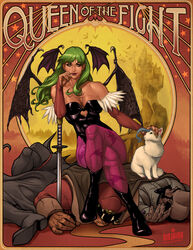  2boys ahoge animal_print art_nouveau bat_print bat_wings belger boots breasts bridal_gauntlets capcom cleavage clothing_cutout colored_sclera commentary crossed_legs crossover demon_girl english_commentary felicia_(cat)_(vampire) felicia_(vampire) feline female final_fight green_eyes green_hair green_nails head_wings headpat heart_cutout katana large_breasts leotard lipstick long_hair m._bison makeup morrigan_aensland multiple_boys nail_polish pantyhose photoshop_(medium) planted planted_sword print_pantyhose purple_legwear sitting sitting_on_person solo_focus street_fighter sword the_phantom_lim toned vampire_(game) weapon wings yellow_sclera 