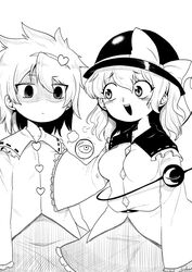  2girls absurdres alternate_breast_size anger_vein bad_id bad_twitter_id blush bow breast_envy breast_reduction breast_size_switch breasts closed_mouth commentary_request greyscale hair_between_eyes hands_on_another&#039;s_chest hat hat_bow heart heart_of_string highres himajin_noizu inactive_account komeiji_koishi komeiji_satori medium_breasts monochrome multiple_girls open_mouth shaded_face short_hair simple_background skirt sleeves_past_wrists sweat third_eye touhou white_background wide_sleeves 