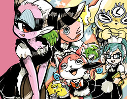  &gt;_&lt; 3girls alternate_costume ashitagirl blonde_hair blue_eyes breasts cleavage closed_eyes colored_skin commentary_request cup demonade drinking_glass enmaided feline fubukihime fuumin_(youkai_watch) glasses hair_horns half-closed_eyes heart high_ponytail highres large_breasts licking_lips maid multiple_girls multiple_tails notched_ear one_eye_closed pink_skin pom_pom_(cheerleading) sailornyan satori-chan sparkle star_(symbol) tail tongue tongue_out tory_(tory29) traditional_youkai tray two_tails youkai_(youkai_watch) youkai_watch youkai_watch_2 yuki_onna 