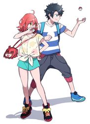  1boy backpack bag black_hair blue_eyes capri_pants commentary_request cosplay elio_(pokemon) elio_(pokemon)_(cosplay) fate/grand_order fate_(series) female floral_print fujimaru_ritsuka_(female) fujimaru_ritsuka_(male) full_body green_shorts hair_down holding holding_poke_ball orange_hair pants poke_ball poke_ball_(basic) pokemon pokemon_sm riyo_(lyomsnpmp)_(style) selene_(pokemon) selene_(pokemon)_(cosplay) shirt shoes short_shorts short_sleeves shorts shoulder_bag simple_background smile sneakers standing striped_clothes striped_shirt t-shirt throwing_poke_ball tied_shirt tossing wani_(mezo) white_background yellow_eyes 