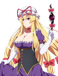  absurdres blonde_hair bow breasts cleavage collarbone commentary_request corset dress elbow_gloves female gap_(touhou) gloves hair_between_eyes hairbow hat highres kyoukyan large_breasts long_hair mob_cap puffy_short_sleeves puffy_sleeves purple_dress purple_eyes red_bow short_sleeves simple_background smile solo touhou very_long_hair white_background white_gloves yakumo_yukari 