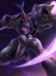  abigor abigorbine claws commentary_request creator_connection dunbine energy_blade fusion glowing gundam gundam_build_fighters haganef highres horns mecha mobile_suit no_humans red_eyes robot science_fiction scythe seisenshi_dunbine single_horn solo space star_(sky) third_eye victory_gundam 