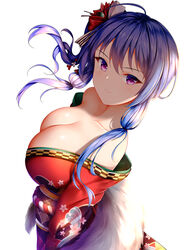  ahoge azur_lane bare_shoulders blue_hair blush breasts cleavage closed_mouth collarbone commentary female floating_hair hair_between_eyes highres huge_breasts japanese_clothes kimono light long_hair looking_at_viewer obi off_shoulder official_alternate_costume official_alternate_hairstyle photoshop_(medium) purple_eyes red_kimono sash sidelocks simple_background smile solo st._louis_(azur_lane) st._louis_(spirits_in_the_snow)_(azur_lane) white_background wind wsman 