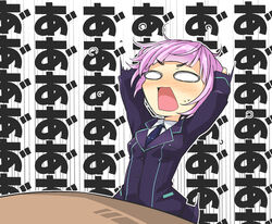  arm_support blazer blue_necktie blush breasts collared_shirt commentary_request female jacket necktie nijisanji nose_blush ogami_kazuki open_mouth pink_hair purple_jacket screaming shirt short_hair small_breasts solo sweat table translation_request v-shaped_eyebrows virtual_youtuber white_shirt yuuhi_riri yuuhi_riri_(1st_costume) 