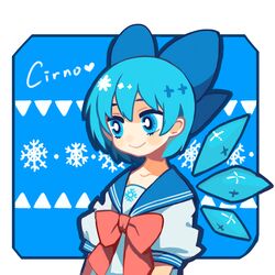  alternate_costume blue_bow blue_eyes blue_hair bow character_name cirno commentary_request female hairbow harrymiao metadata_pun puffy_short_sleeves puffy_sleeves sailor_collar school_uniform serafuku short_hair short_sleeves smile snowflakes touhou 