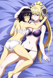  2girls absurdres barefoot bed_sheet black_bra black_hair black_panties blonde_hair blue_eyes bra breasts cleavage collarbone copyright_name demon_girl diadem hair_between_eyes hand_on_another&#039;s_head high_ponytail highres horns interspecies large_breasts long_hair looking_at_viewer looking_back lucifer_(the_seven_deadly_sins) lying megami_magazine multiple_girls navel official_art on_back panties red_eyes shiny_skin short_hair teshima_noriko the_seven_deadly_sins totsuka_maria underwear underwear_only very_long_hair white_bra white_panties yuri 