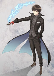  1boy amamiya_ren black_cape black_hair brown_eyes brown_footwear cape commentary_request full_body gloves grey_background grey_shirt hair_between_eyes hand_in_pocket highres hitomi_aki looking_at_viewer male_focus persona persona_5 photoshop_(medium) red_gloves shirt solo spiked_hair standing 