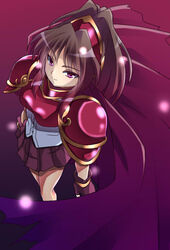  armor armored_dress bad_id bad_pixiv_id brown_hair cape doppelganger_arle female from_above gloves half_updo madou_monogatari purple_background puyopuyo puyopuyo~n red_armor red_eyes short_hair skirt smile solo zetsuei_(zetto) 