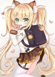  :d absurdres animal_ear_fluff animal_ears arlene_(ju) ass asymmetrical_legwear azur_lane backpack bag blonde_hair brown_background brown_footwear brown_skirt chinese_commentary commentary_request doughnut female food fur-trimmed_sleeves fur_trim gradient_background green_eyes grey_background hair_between_eyes heart highres holding holding_food jacket loafers long_hair long_sleeves looking_at_viewer looking_to_the_side makinami_(azur_lane) oerba_yun_fang open_mouth pleated_skirt randoseru shoes single_thighhigh skindentation skirt sleeves_past_wrists smile solo thighhighs twintails uneven_legwear very_long_hair white_background white_jacket white_thighhighs 