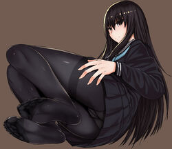  ass black_eyes black_hair feet female hand_on_own_ass kokuryuugan kuro_senpai_to_kuro_yashiki_no_yami_ni_mayowanai long_hair looking_at_viewer lying on_side panties panties_under_pantyhose pantyhose pantyshot school_uniform senpai_(kuro_senpai) serafuku soles toes underwear 