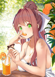  artist_name bendy_straw blush bow bracelet breasts brown_hair cleavage commentary doki_doki_literature_club drinking_straw eating female food fruit green_eyes hairbow highres jewelry juice large_breasts long_hair looking_at_viewer monika_(doki_doki_literature_club) necklace orange_(fruit) orange_juice ponytail solo xhunzei 