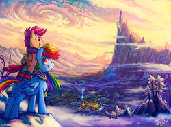  2018 canterlot cloudsdale duo equid equine female friendship_is_magic glowing hasbro jowybean landscape mammal mountain my_little_pony mythological_creature mythological_equine mythology pegasus plant ponyville rainbow_dash_(mlp) scarf scootaloo_(mlp) snow tree wings 