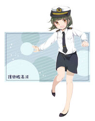  alternate_costume brown_eyes commentary_request female green_hair hat highres hiroe_(cosmos_blue-02_421) js_takanami_(kancolle) kantai_collection military military_uniform necktie peaked_cap short_hair solo takanami_(kancolle) uniform 