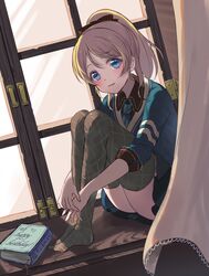  argyle_clothes argyle_legwear ayase_eli black_bow black_skirt blonde_hair blue_eyes blue_necktie blue_shirt blush book bow character_name commentary_request curtains dutch_angle female fuyuzima hairbow happy_birthday hugging_own_legs indoors knees_up looking_at_viewer love_live! love_live!_school_idol_project necktie no_shoes parted_lips pleated_skirt ponytail shirt sitting_in_window skirt smile solo thighhighs twitter_username window 