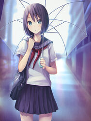  bad_id bad_pixiv_id bag black_hair black_skirt blue_eyes blurry blush commentary_request depth_of_field female hair_between_eyes holding looking_at_viewer miniskirt original outdoors partial_commentary pleated_skirt school_bag school_uniform serafuku short_hair skirt solo standing tokumaru transparent transparent_umbrella umbrella 