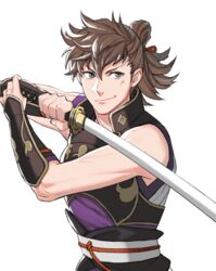  1boy brown_hair commentary_request fire_emblem fire_emblem_fates gauntlets gloves hinata_(fire_emblem) katana male_focus minato_(robin) ponytail scar solo sword weapon white_background 