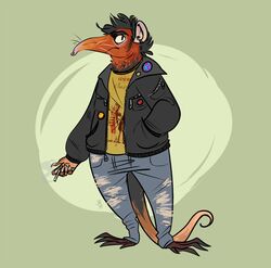  2017 5_fingers anthro bandana biped black_body black_fur black_hair bottomwear brown_body brown_fur cigarette claws clothed clothing denim denim_bottomwear denim_clothing digital_media_(artwork) ear_piercing english_text facial_hair fingers front_view frown full-length_portrait fully_clothed fur green_background hair hand_in_pocket holding_object humanoid_hands industrial_piercing jacket jeans kerchief long_nose long_tail looking_away male mammal metzengerstein multicolored_body multicolored_fur multicolored_tail open_clothing open_jacket open_topwear pants piercing pink_body pink_fur pink_nose pockets portrait rufous_sengi sengi shirt short_hair sideburns signature simple_background smoking solo standing tail text topwear torn_bottomwear torn_clothing torn_jeans torn_pants tuft whiskers 