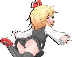  ass bad_id bad_pixiv_id black_panties black_thighhighs blonde_hair blush cameltoe female hair_ribbon long_sleeves looking_at_viewer looking_back oden_(th-inaba) oerba_yun_fang open_mouth outstretched_arms panties red_eyes ribbon rumia shirt simple_background skirt skirt_set smile solo thighhighs touhou underwear upskirt vest white_background 