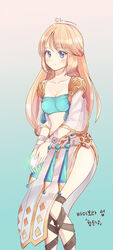  arabian_clothes artist_name bandeau belly_chain blue_eyes breasts cleavage commentary_request cross-laced_footwear female highres jewelry korean_commentary la_campanella long_hair looking_at_viewer medium_breasts oracle_(tree_of_savior) panties pelvic_curtain photoshop_(medium) see-through solo tree_of_savior underwear white_panties 