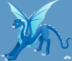  2018 alira_longtail_(character) ambiguous_gender blue_body blue_eyes blue_scales dragon feral horn mythological_creature mythological_scalie mythology scales scalie simple_background solo stretching wawor wings 