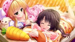  2girls barefoot blonde_hair brown_hair closed_eyes game_cg highres hood kugayama_konoka long_hair long_sleeves lying multiple_girls on_bed on_stomach open_mouth pajamas panties paw_print pink_pajamas pink_panties playing_with_another&#039;s_hair prism_recollection! shintarou smile stuffed_animal stuffed_rabbit stuffed_toy uisaki_hinano underwear 