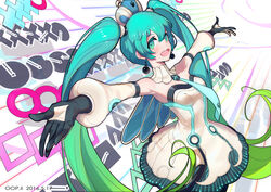  absurdres aqua_hair armpits artist_name black_gloves collar commentary dated detached_sleeves dress earrings female gloves gradient_hair green_eyes green_hair hatsune_miku highres jewelry long_hair looking_at_viewer multicolored_hair necktie oop open_mouth outstretched_arms photoshop_(medium) project_diva_(series) project_diva_x solo spread_arms twintails very_long_hair vocaloid 