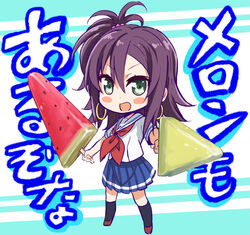  abe_kanari black_hair blue_skirt blush_stickers commentary_request earrings female food green_eyes high_school_fleet jewelry katsuta_satoko long_hair looking_at_viewer neckerchief open_mouth oversized_object photoshop_(medium) pleated_skirt popsicle purple_hair red_neckerchief school_uniform serafuku short_sleeves skirt solo standing translated twintails watermelon_bar yokosuka_girls_marine_high_school_uniform 