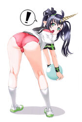  ! :o absurdres ahoge ass back ball beelzebub_(the_seven_deadly_sins) bent_over black_hair black_sailor_collar buruma demon_girl eyelashes female fingernails from_behind full_body gimp_(medium) green_eyes gym_uniform hair_ornament hair_tie highres holding holding_ball horns kneehighs kneepits legs legs_apart long_hair looking_at_viewer looking_back nishii_(damnedrive) official_art open_mouth parted_bangs pointy_ears purple_hair sailor_collar scan shadow shirt shoes short_sleeves simple_background single_horn socks solo spoken_exclamation_mark standing the_seven_deadly_sins twintails white_background white_footwear white_shirt white_socks 